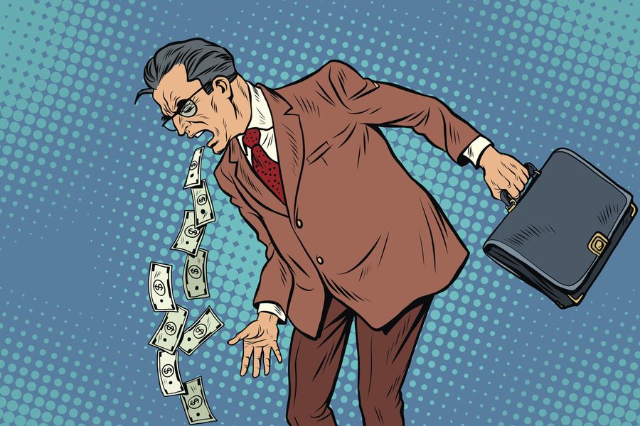Pop-art illustration of a businessman spewing dollar bills