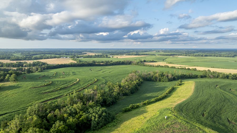 Aerial view of rolling farmland